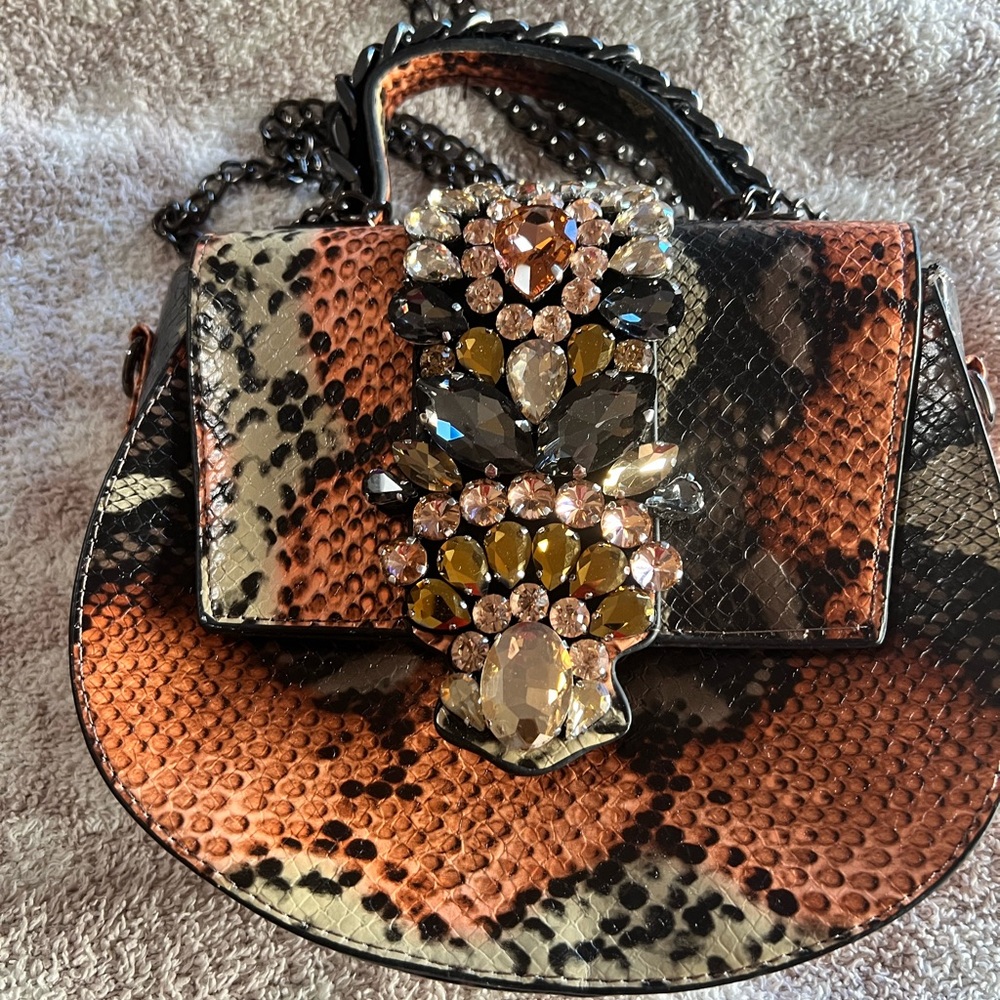 Snake Print Embellished Handbag